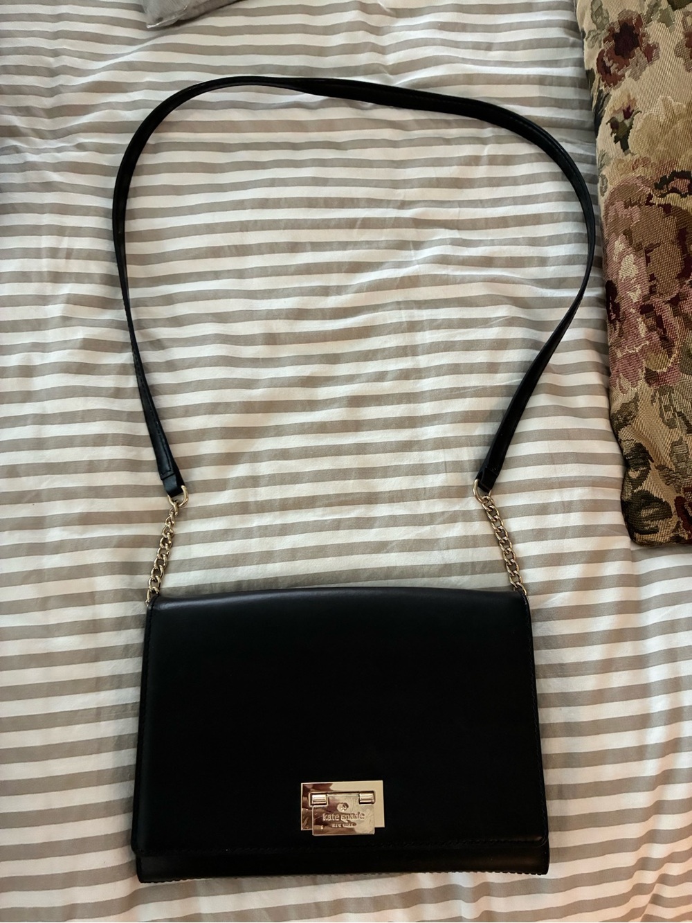 kate spade Black Leather Crossbody with Gold Chain Detail